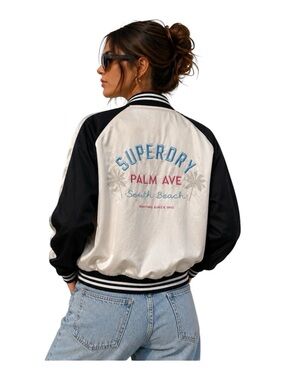 Two-Tone Satin Bomber Jacket Embroidered Palm Ave South Beach Cream Black Sz 6
